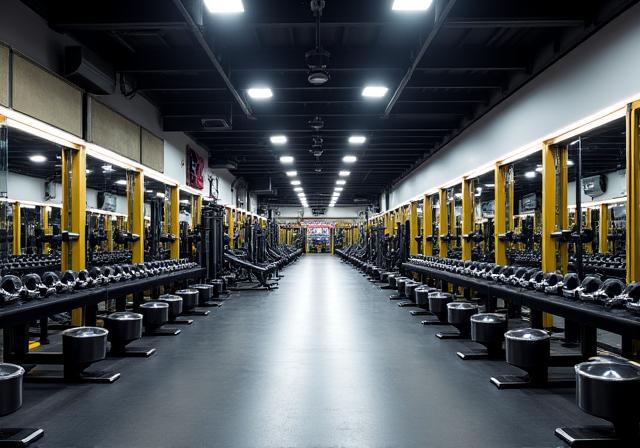 Moderner Krafttrainingsbereich mit Hantelbänken und Geräten.